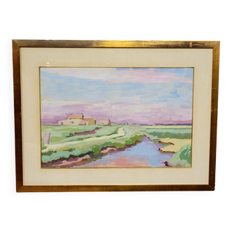 Gouache on paper depicting a marsh landscape