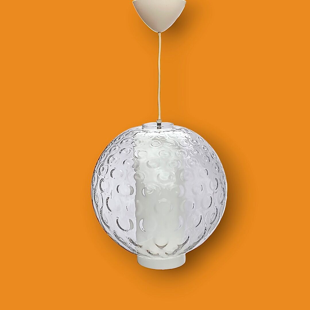 Spherical pendant light in bubbled and opaque blown glass