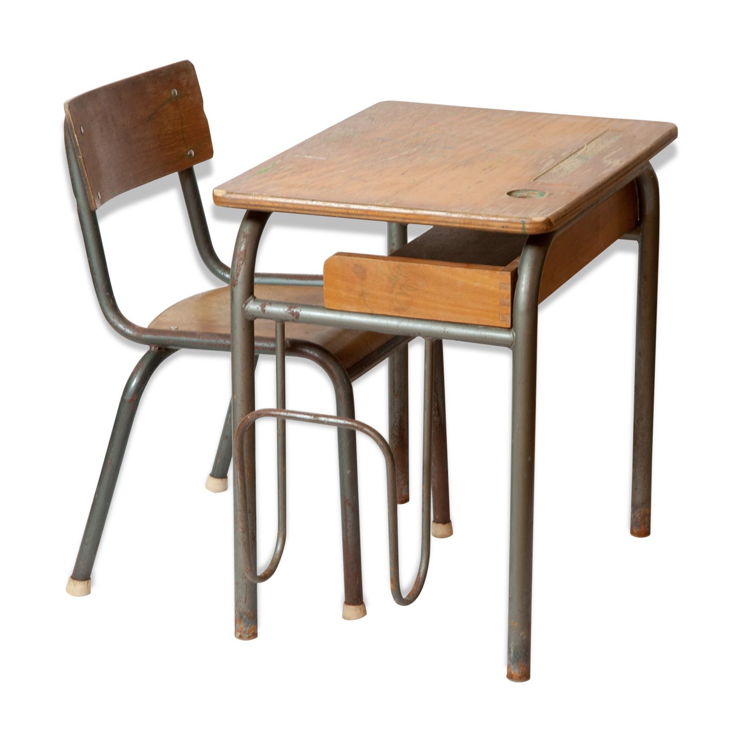Bureau d'école vintage des années 60 avec porte-cartable