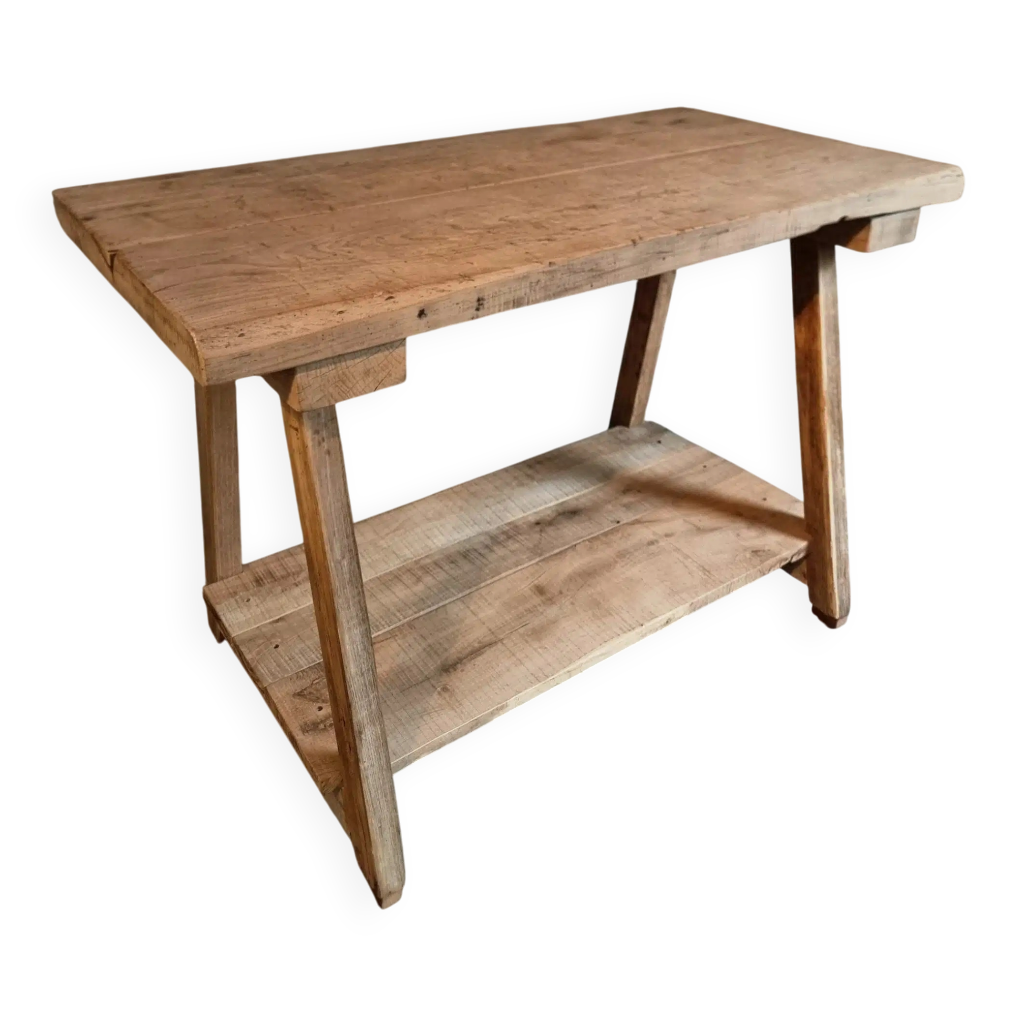 Old French work table / kitchen island / console, beech and chestnut, circa 1930–1950
