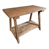 Ancienne table de travail française / îlot de cuisine / console, hêtre et châtaignier, vers 1930–1950