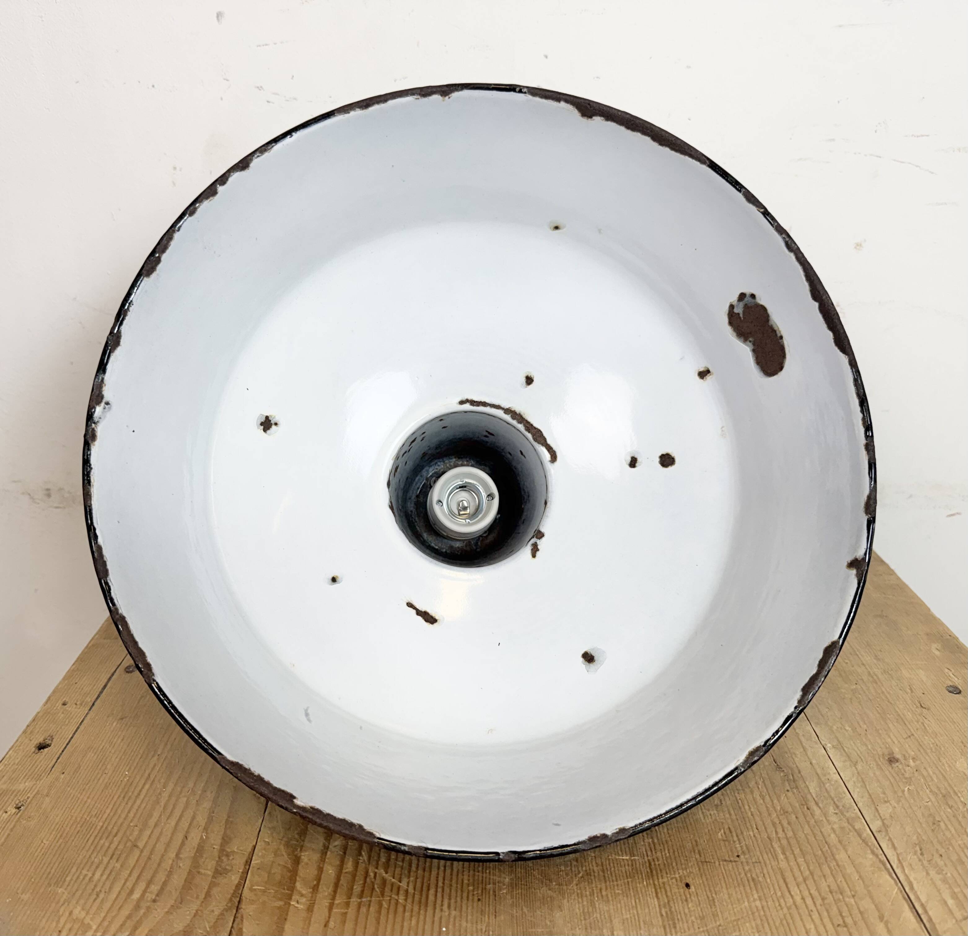 Industrial Black Enamel Factory Lamp with Cast Iron Top, 1950s