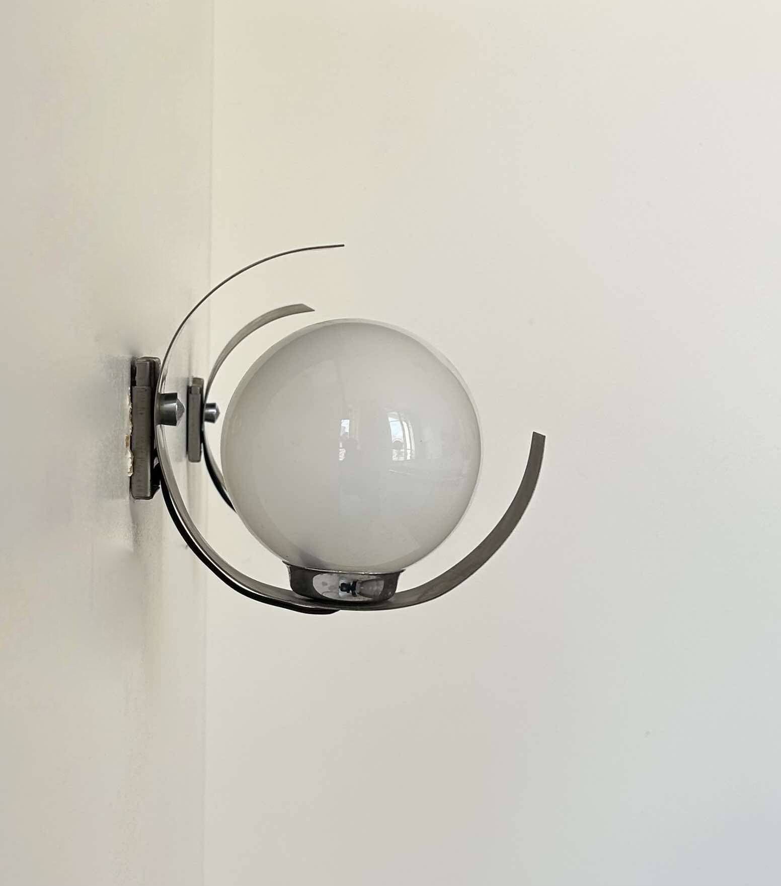 Pair of vintage opaline and chrome wall lights, France 1970