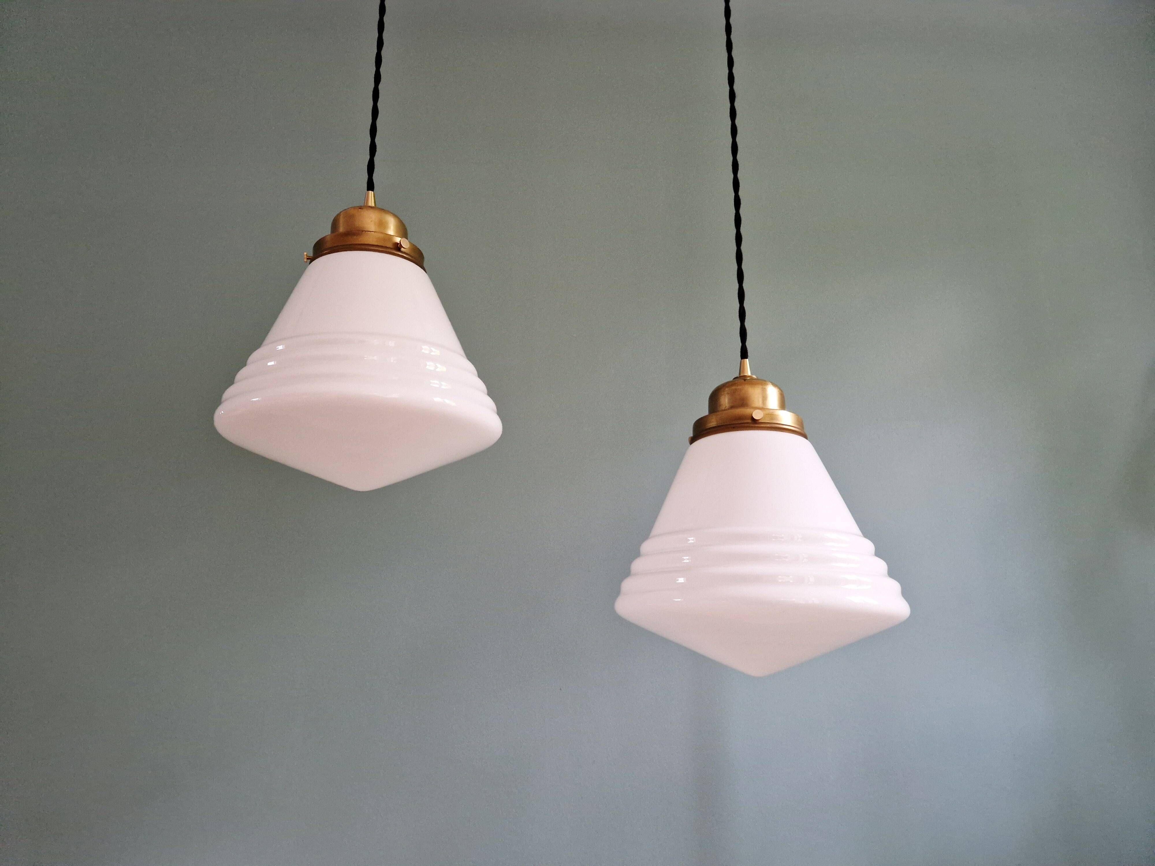 Art Deco Philips suspension in white opaline, 1930 (2 available)