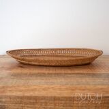 Panier vintage en rotin tissé à la main, tissage en dentelle ouverte, plat à bibelots en osier