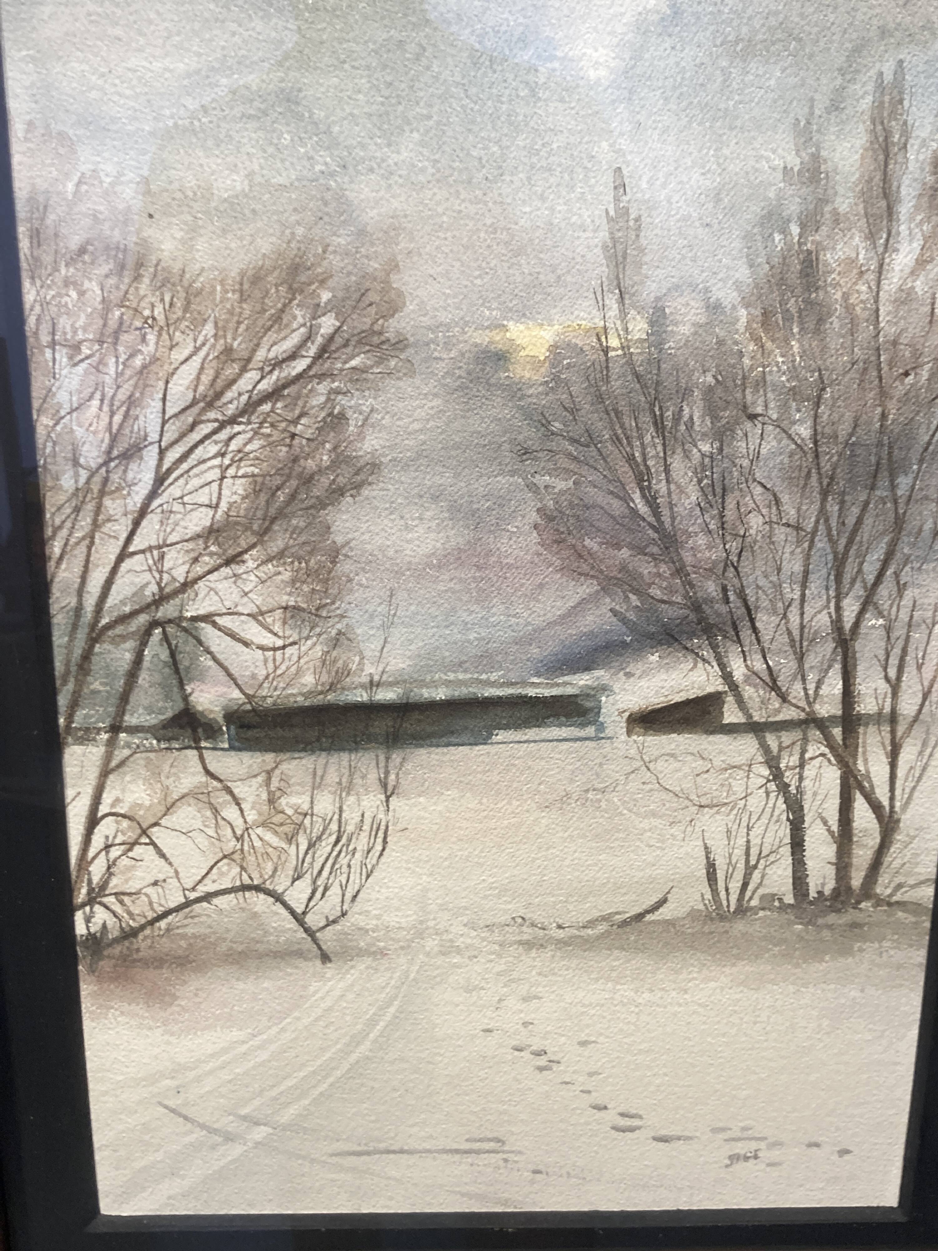 Watercolor framed by a snowy landscape