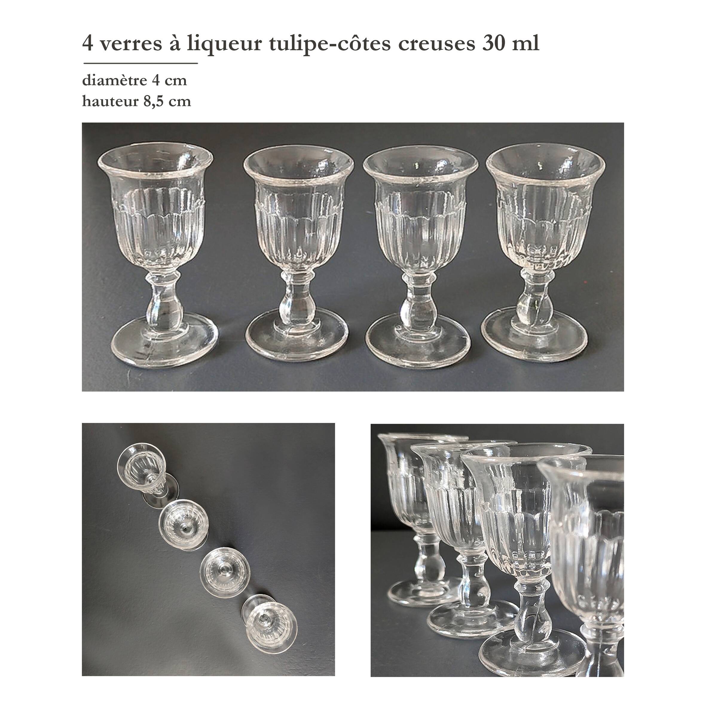 Vintage set of 4 hollow-ribbed tulip liqueur glasses