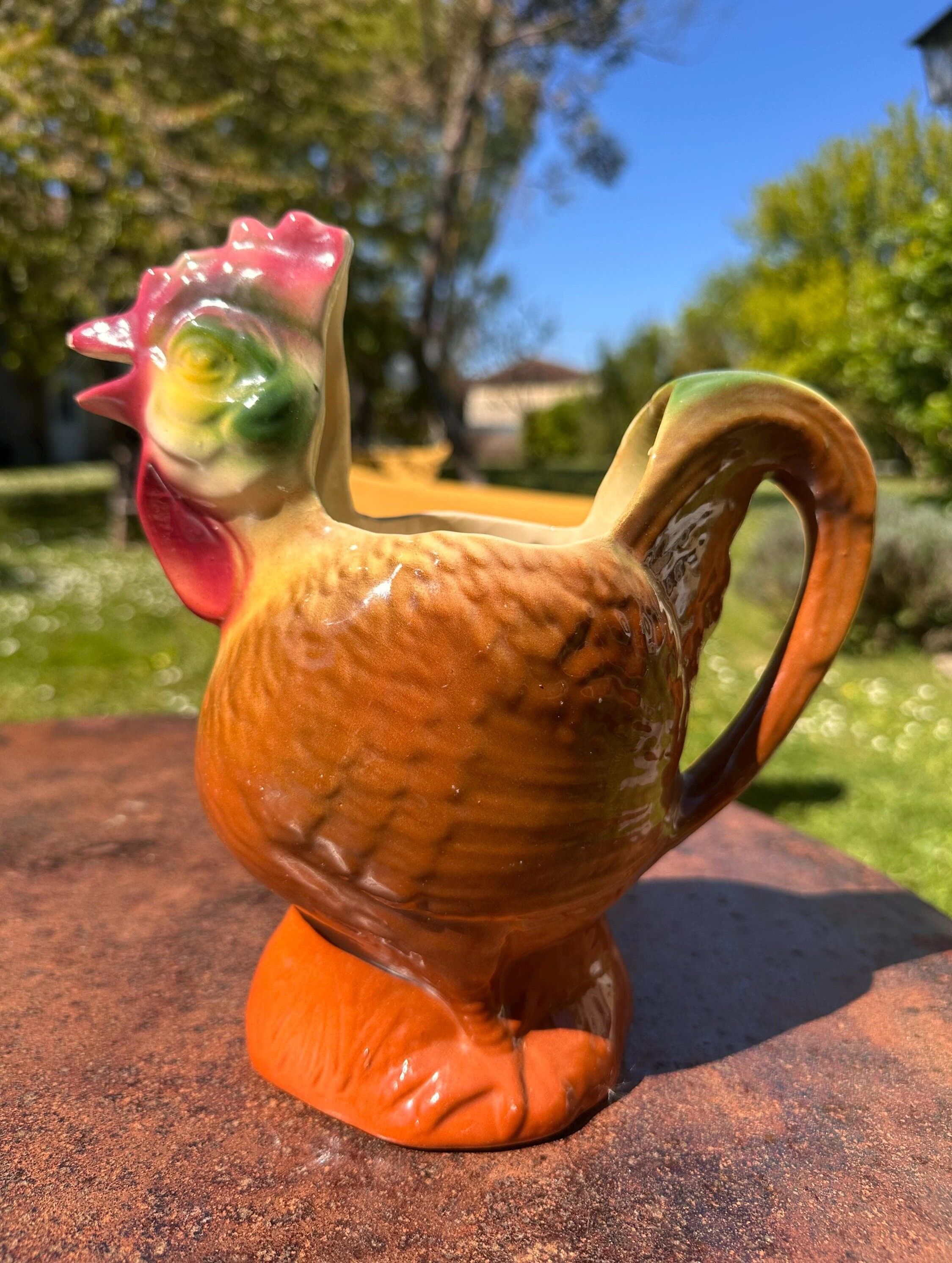 Pichet Carafe Coq Zoomorphe Vintage en Ceramique Barbotine Broc Coq