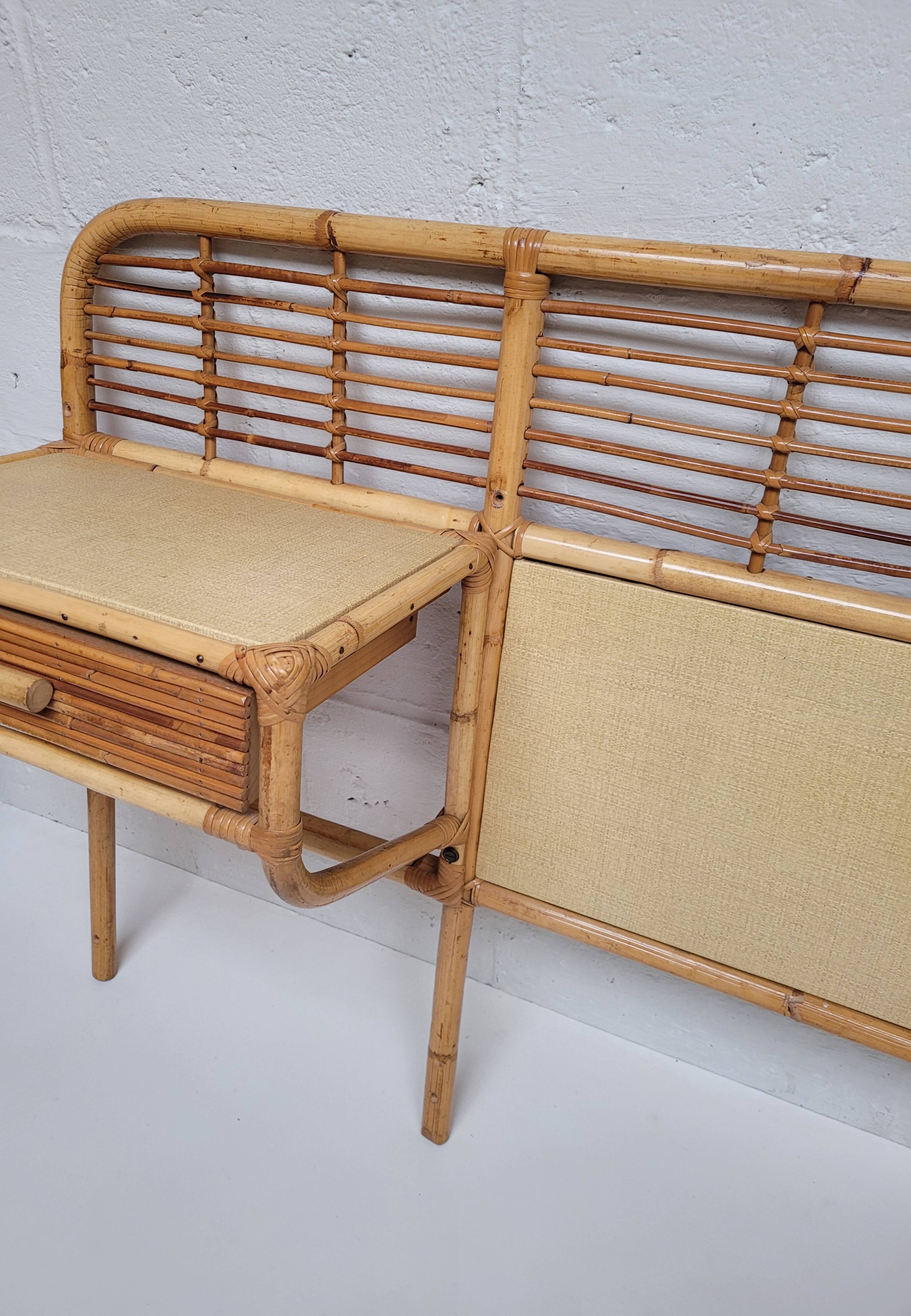 Rattan headboard with vintage bedside tables 1960