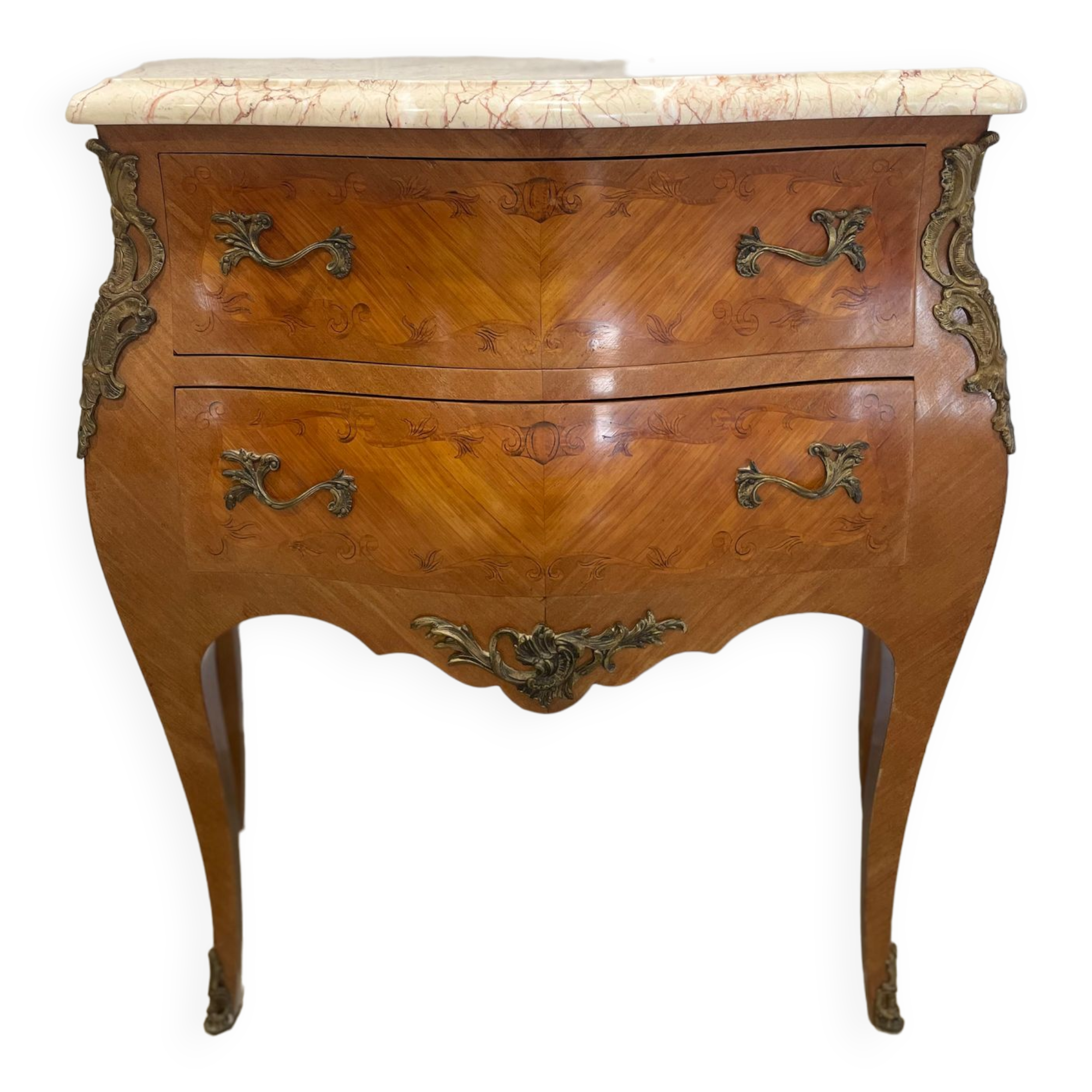 Old curved chest of drawers inlaid and marble Louis XV style