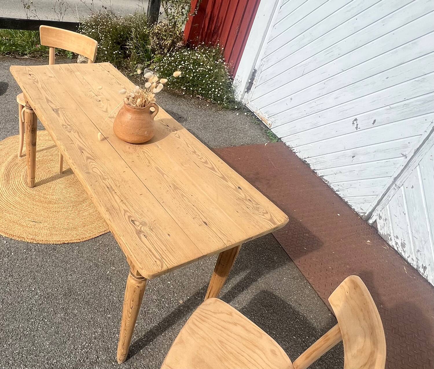 Antique vintage bistro table in solid raw wood for 6 people