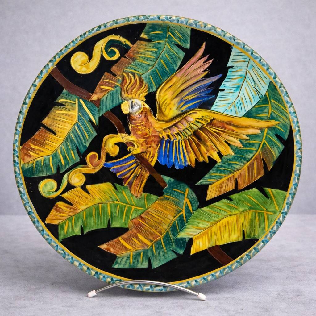Large Vallauris dish in polychrome ceramic – parrot decoration – signed