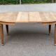 Large stripped solid oak dining table in Louis XVI style with 3 extensions.