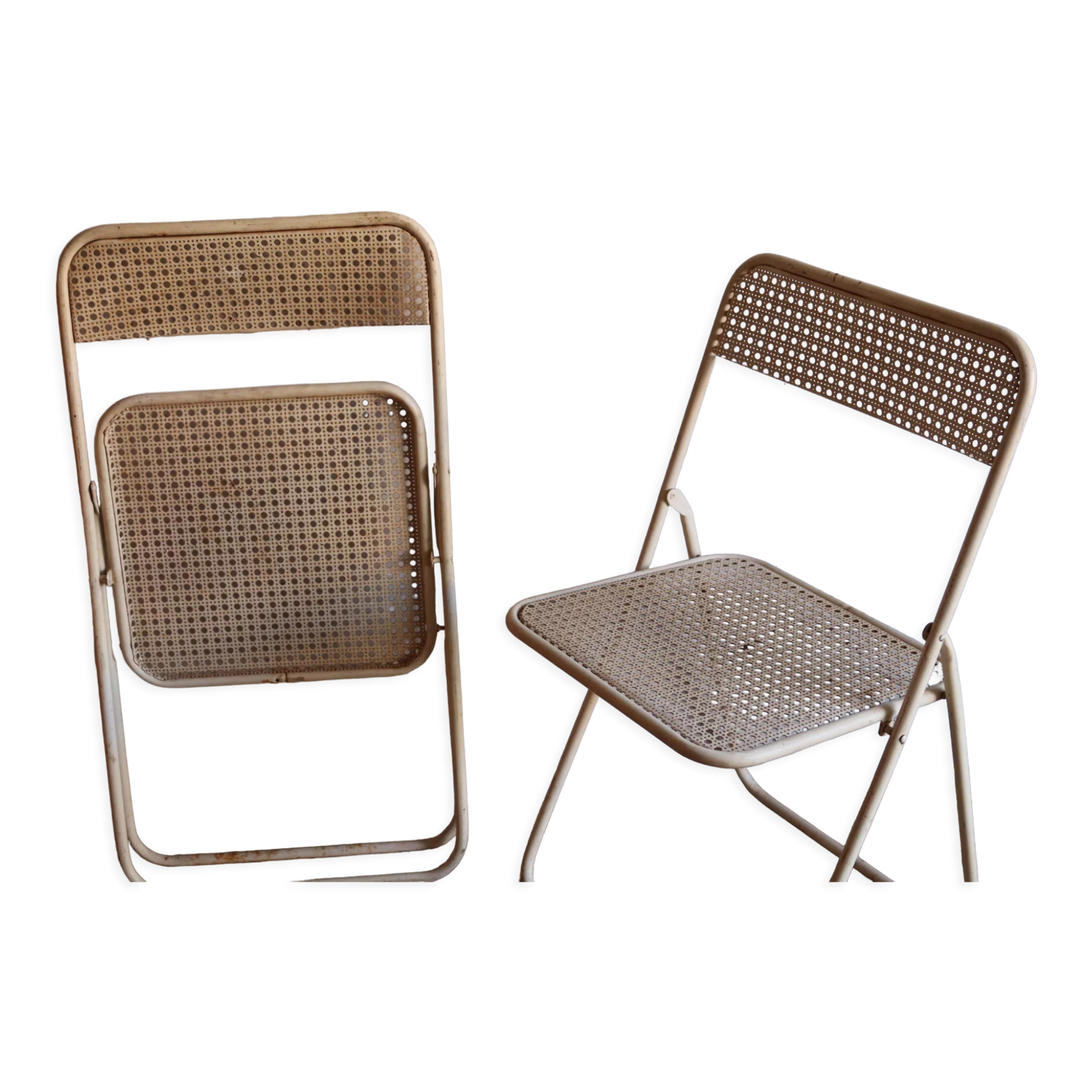 Two metal tanned folding chairs