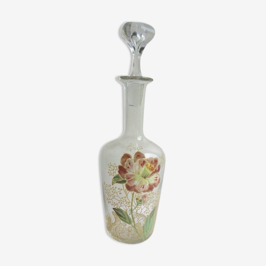 Art nouveau liqueur carafe Legras enamelled glass: camelia on gold lace |  Selency