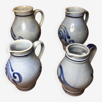 Set of 4 blue ceramic pitchers 25 & 50cl vintage