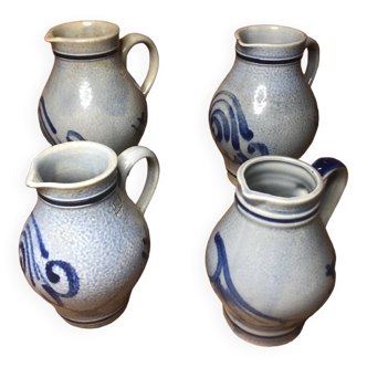 Set of 4 blue ceramic pitchers 25 & 50cl vintage