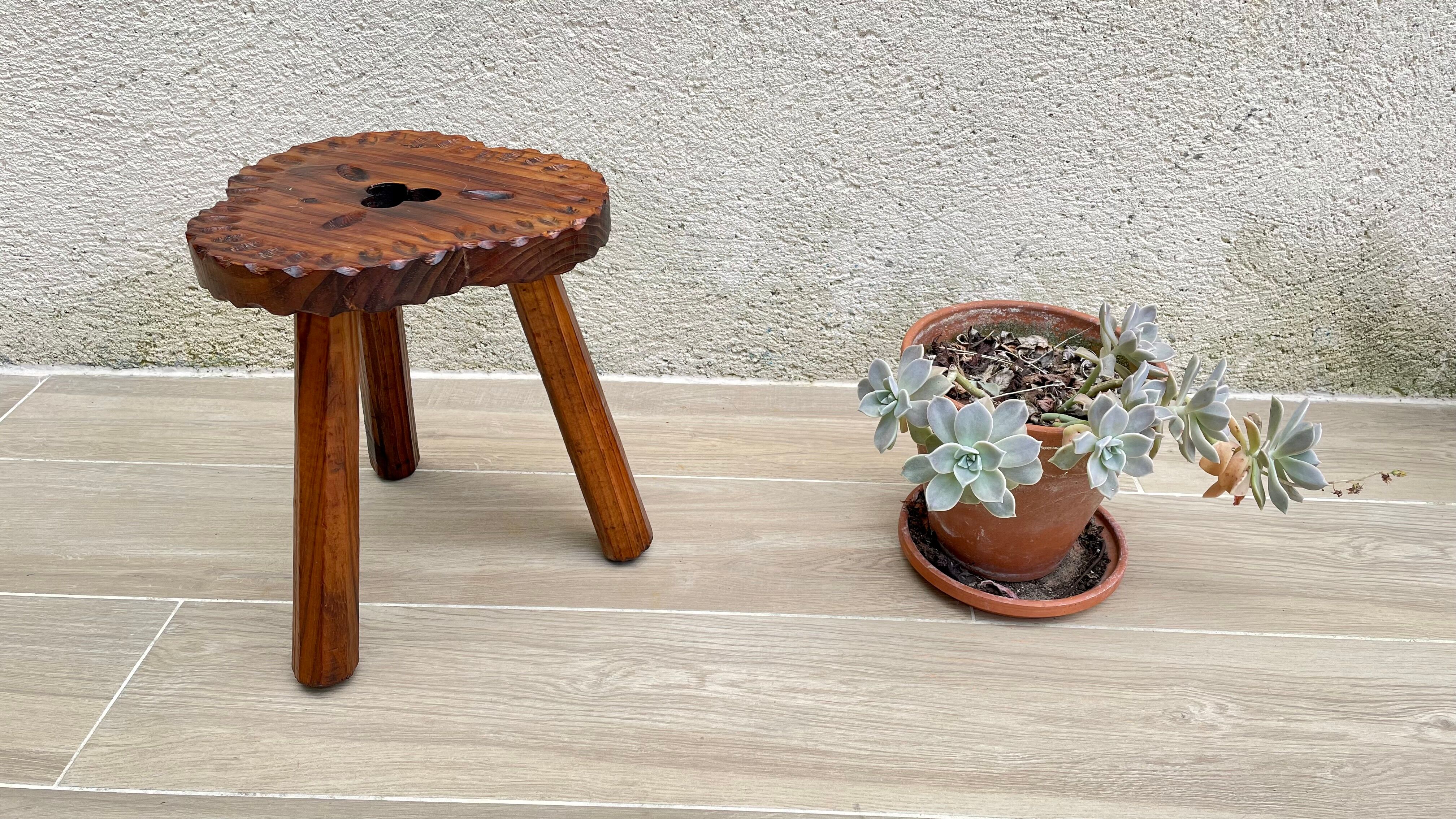 Vintage tripod wood stool made in Spain