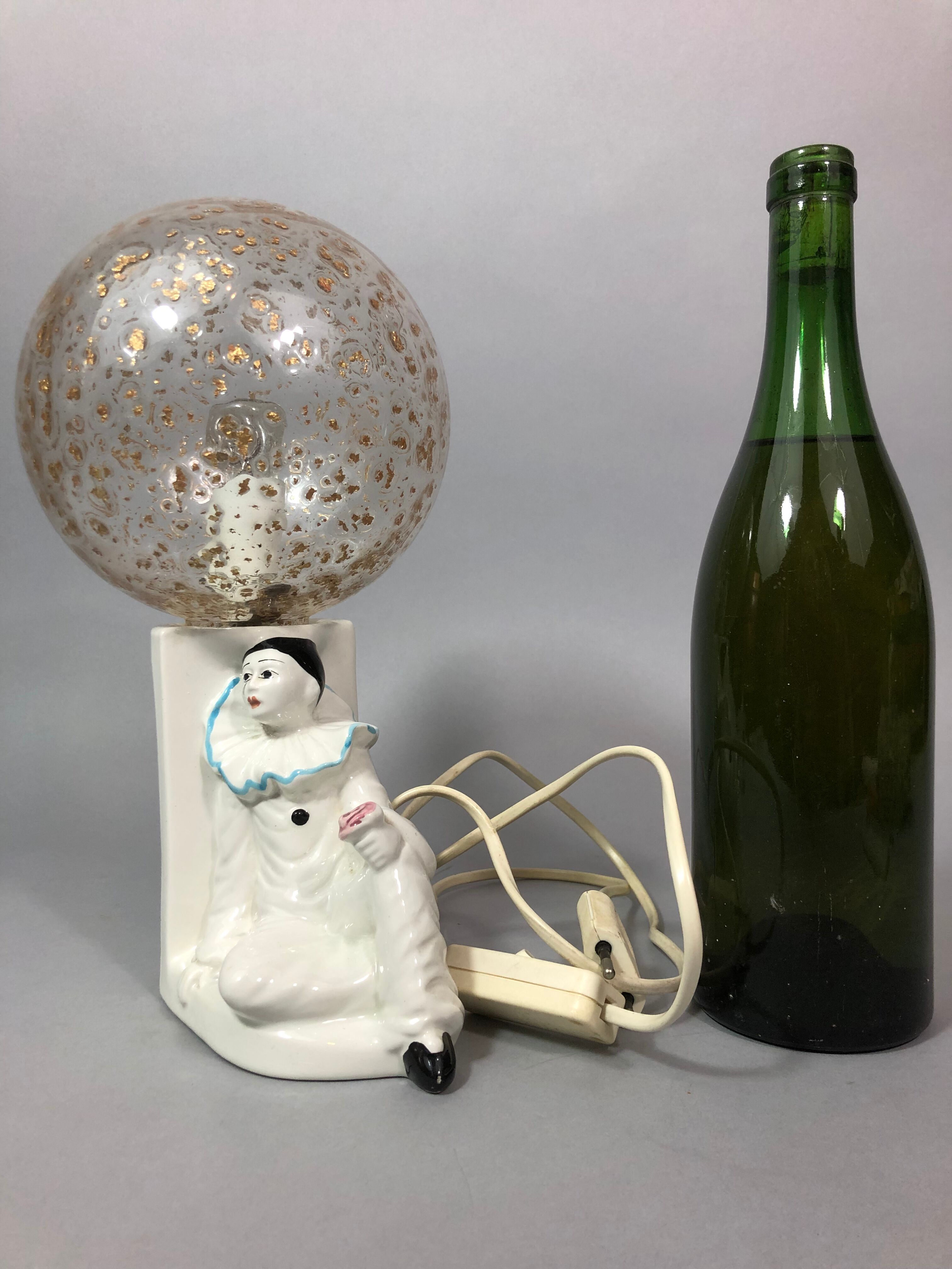 Vintage Pierrot bedside lamp from the 70s, porcelain, inlaid glass globe