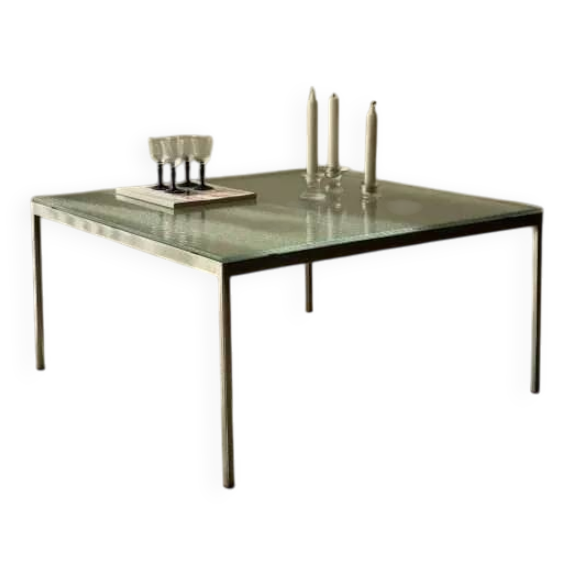 Minimalist 1960s wire glass coffee table in stainless steel.