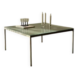 Minimalist 1960s wire glass coffee table in stainless steel.