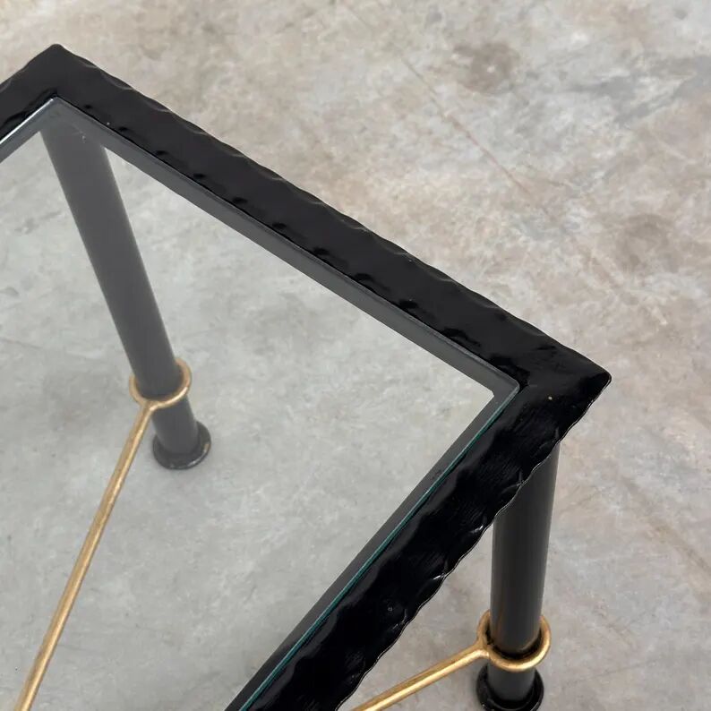 Vintage Coffee Table in Textured Black Wrought Iron and Glass with Gold Detail, 1970s