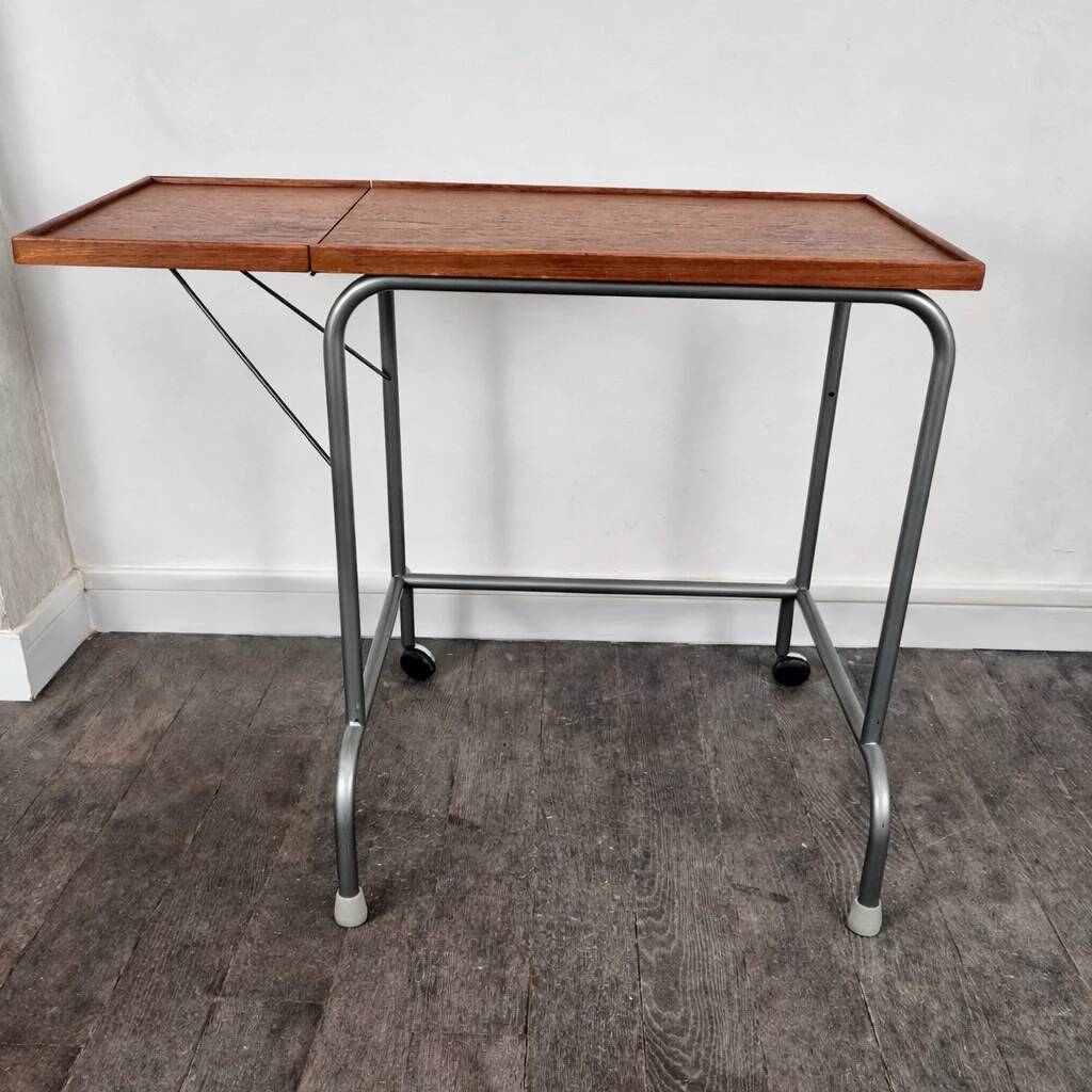 Side table on wheels with a mobile extension in teak and metal, Denmark, 1960.