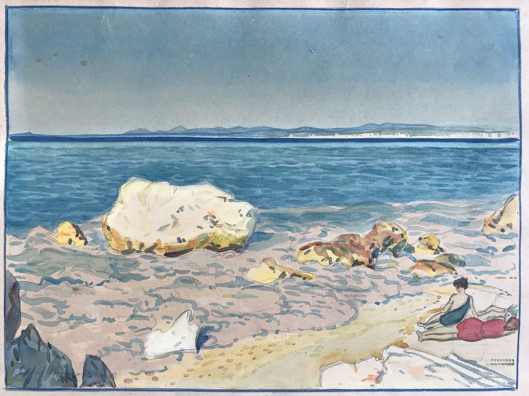 Original watercolor by Tony MINARTZ (1870-1944) Two bathers on a rocky beach on the Riviera