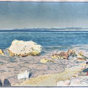 Original watercolor by Tony MINARTZ (1870-1944) Two bathers on a rocky beach on the Riviera