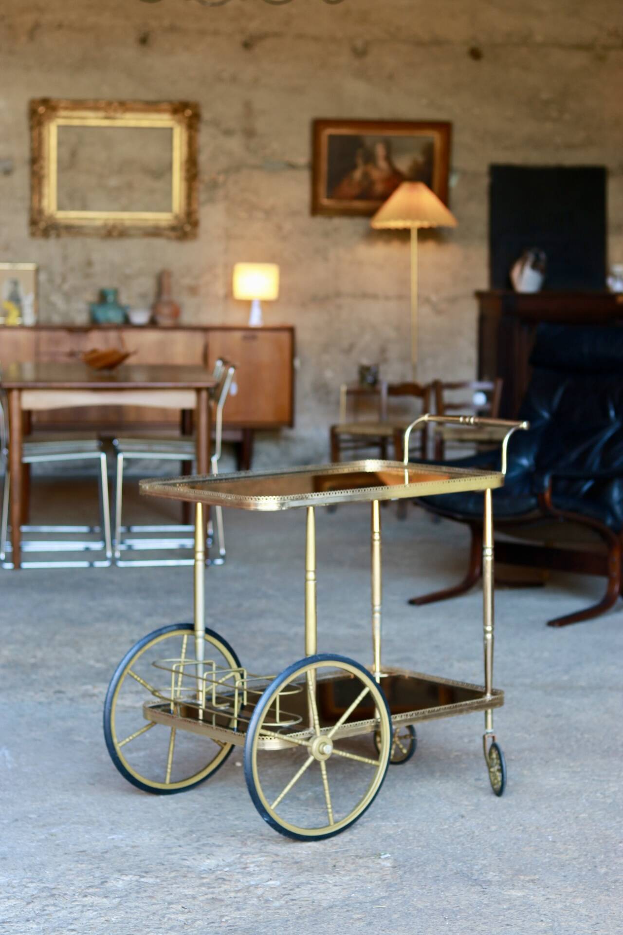 Serving trolley, vintage mini-bar in metal and smoked glass