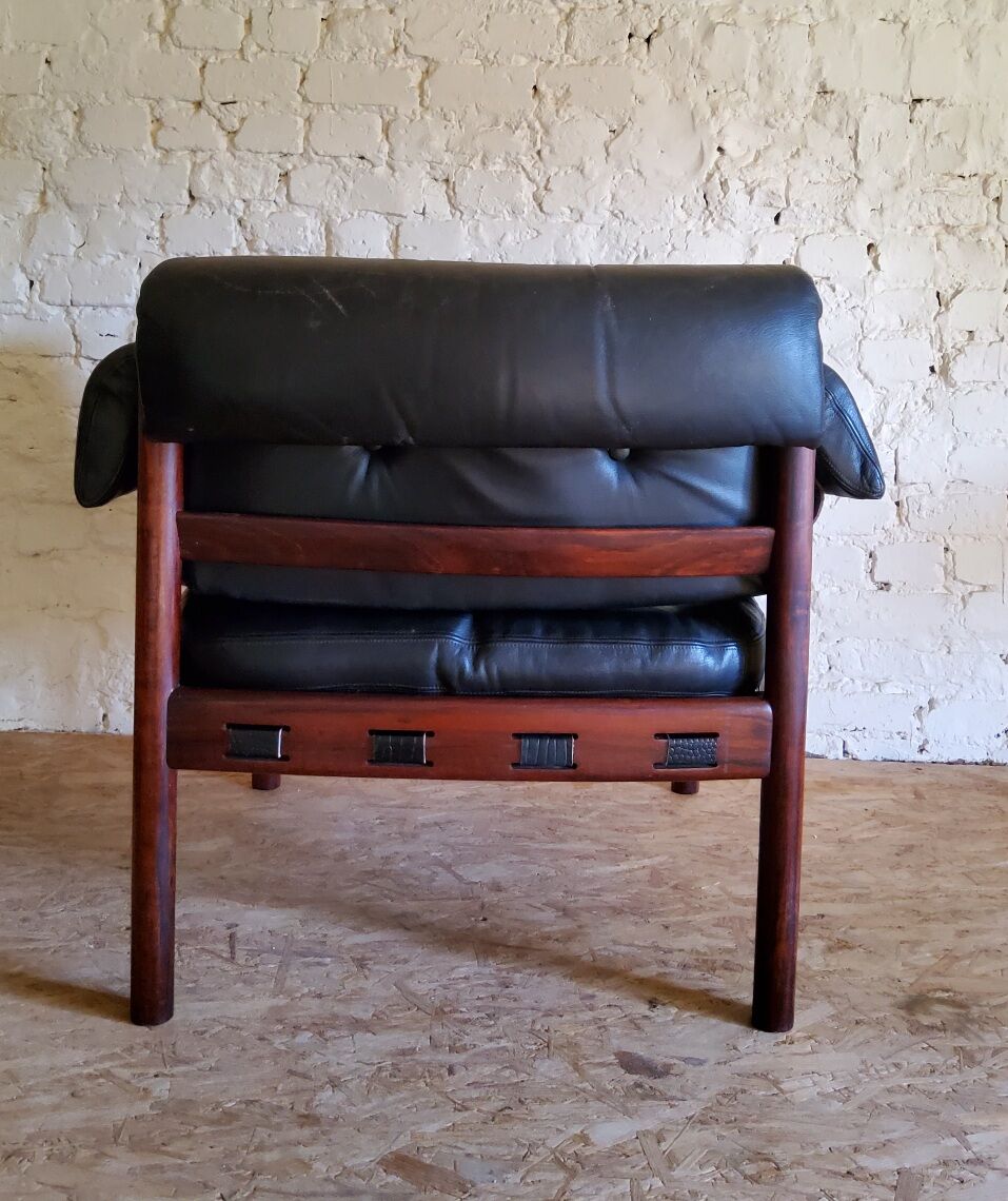 Armchair with vintage ottoman in black leather by Sven Ellekaer for Coja, 1970