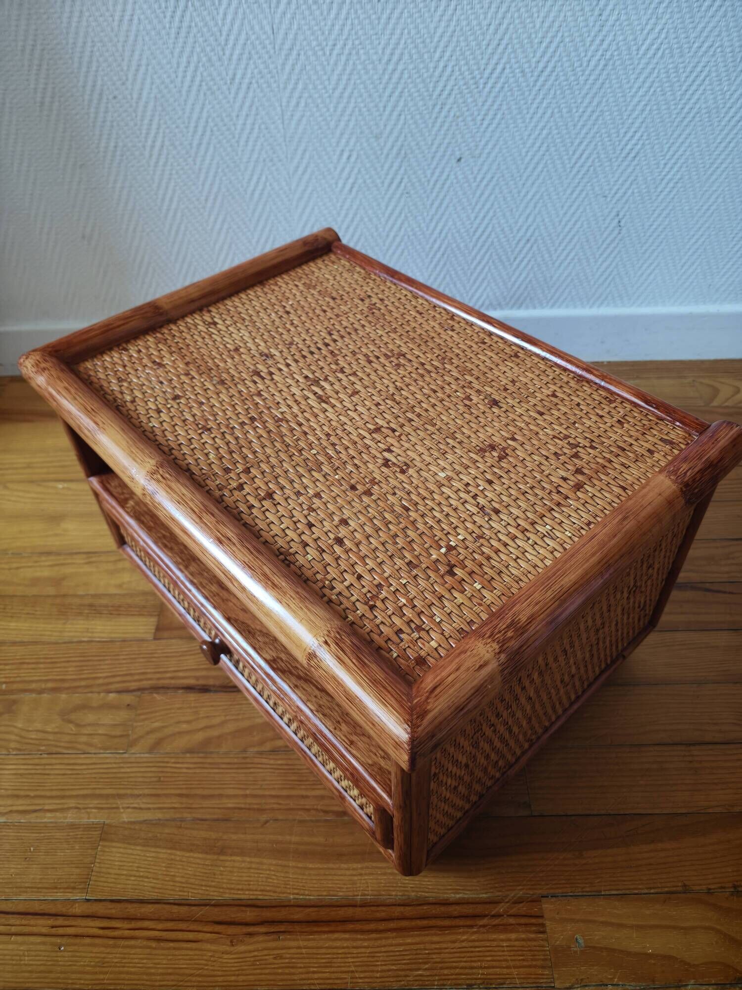 Rattan bedside table from the 1970s-80s.