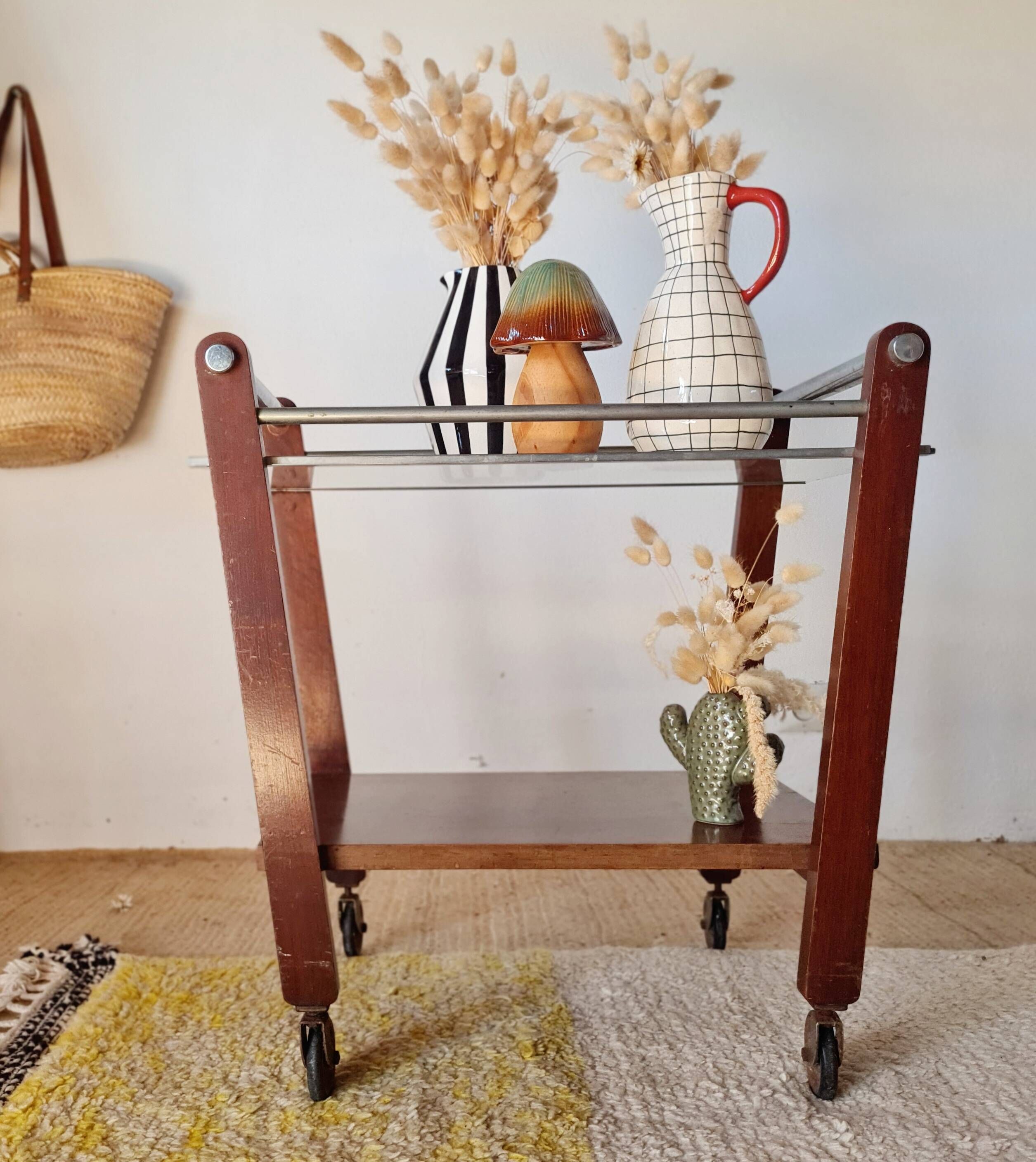 Vintage wooden and metal side table | Retro rolling cart