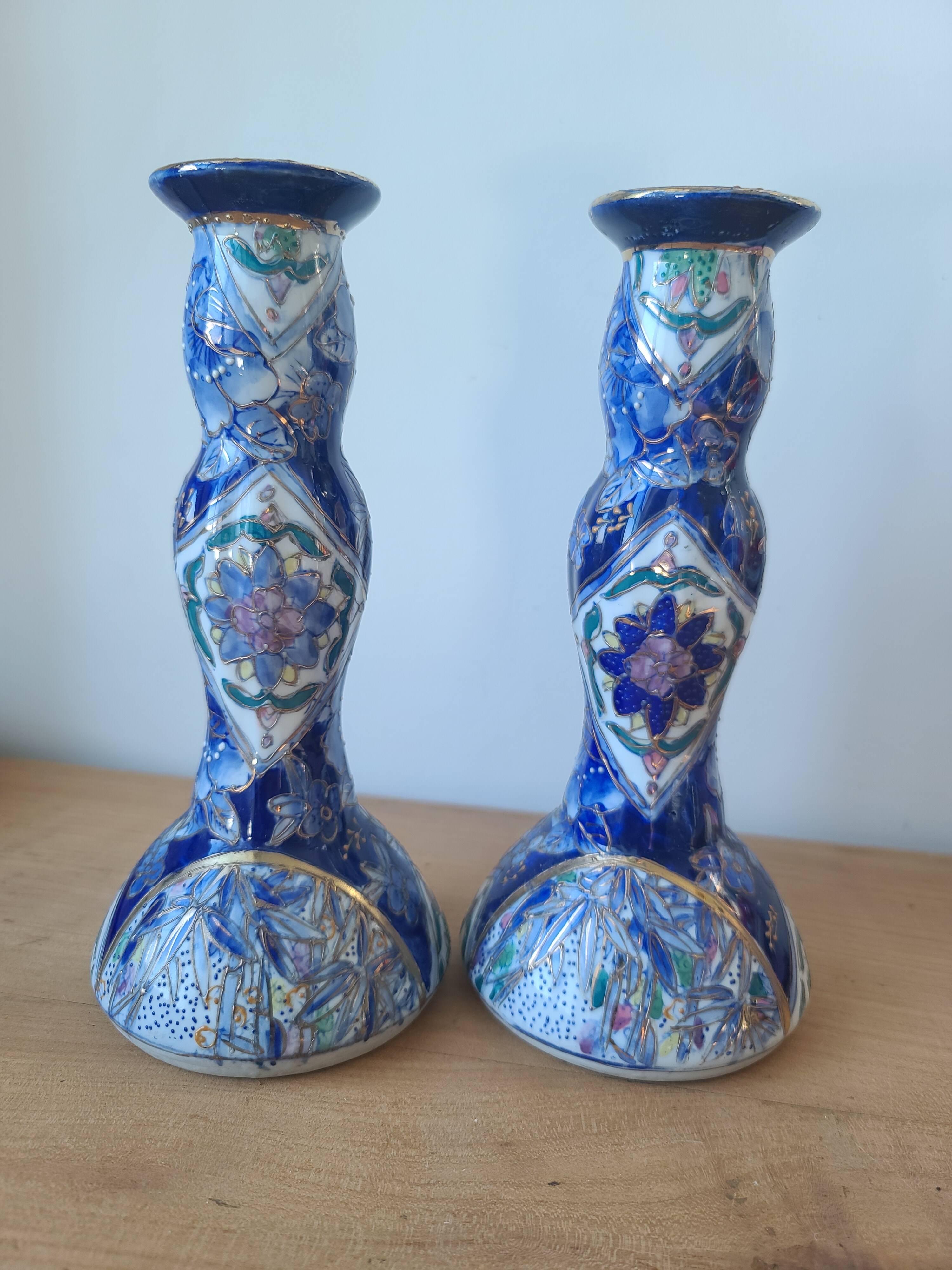 Vintage-style blue and gold floral ceramic candlesticks CHMR