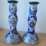 Vintage-style blue and gold floral ceramic candlesticks CHMR