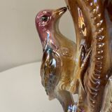 Kitsch Vase "Tree Trunk with Green Woodpecker" - Pink Iridescent Ceramic