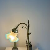 Art Nouveau style gilded brass lamp with sky blue opaline tulip