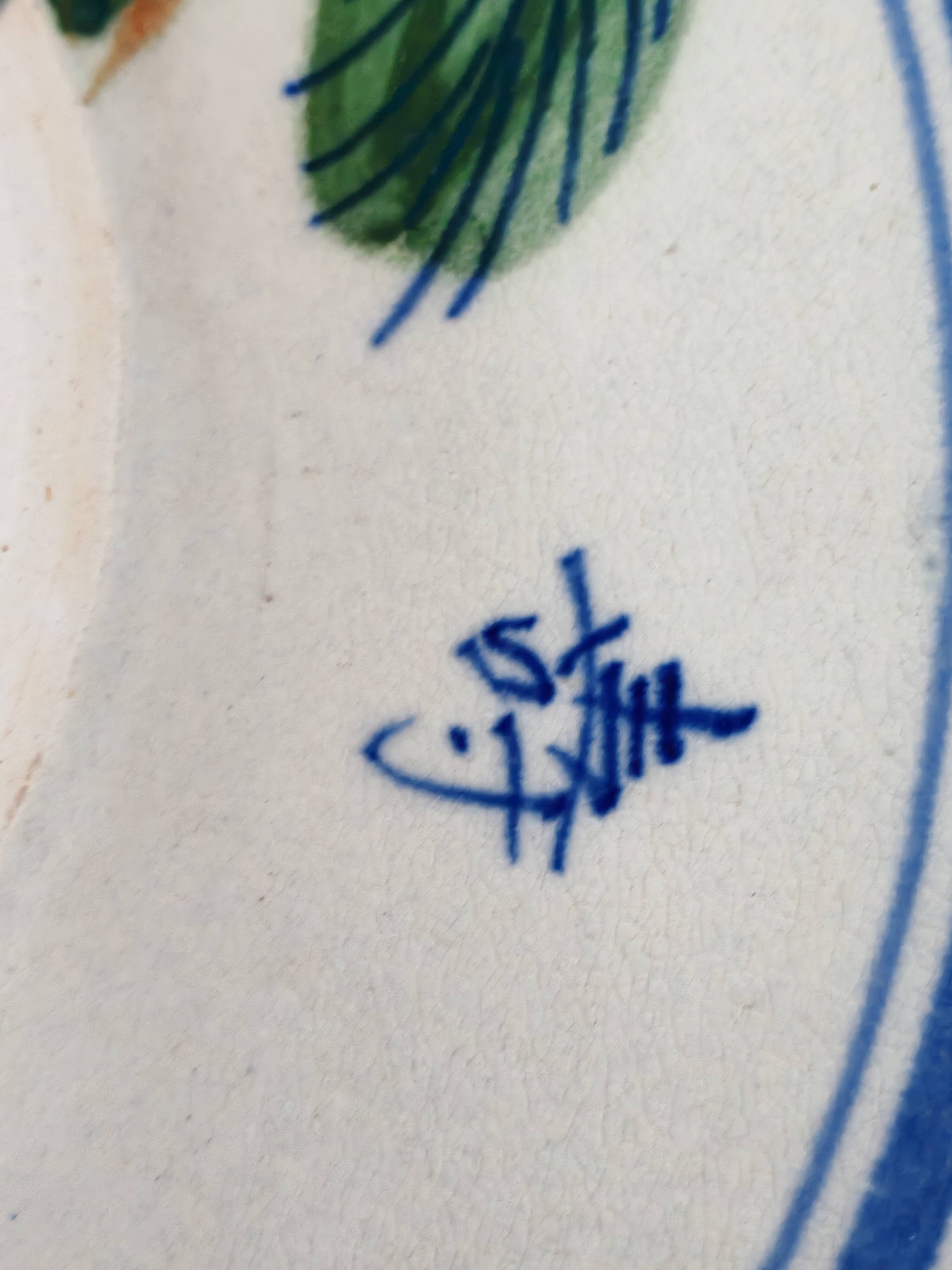Large Vintage Hand-Painted Plate "Rooster and Foliage"