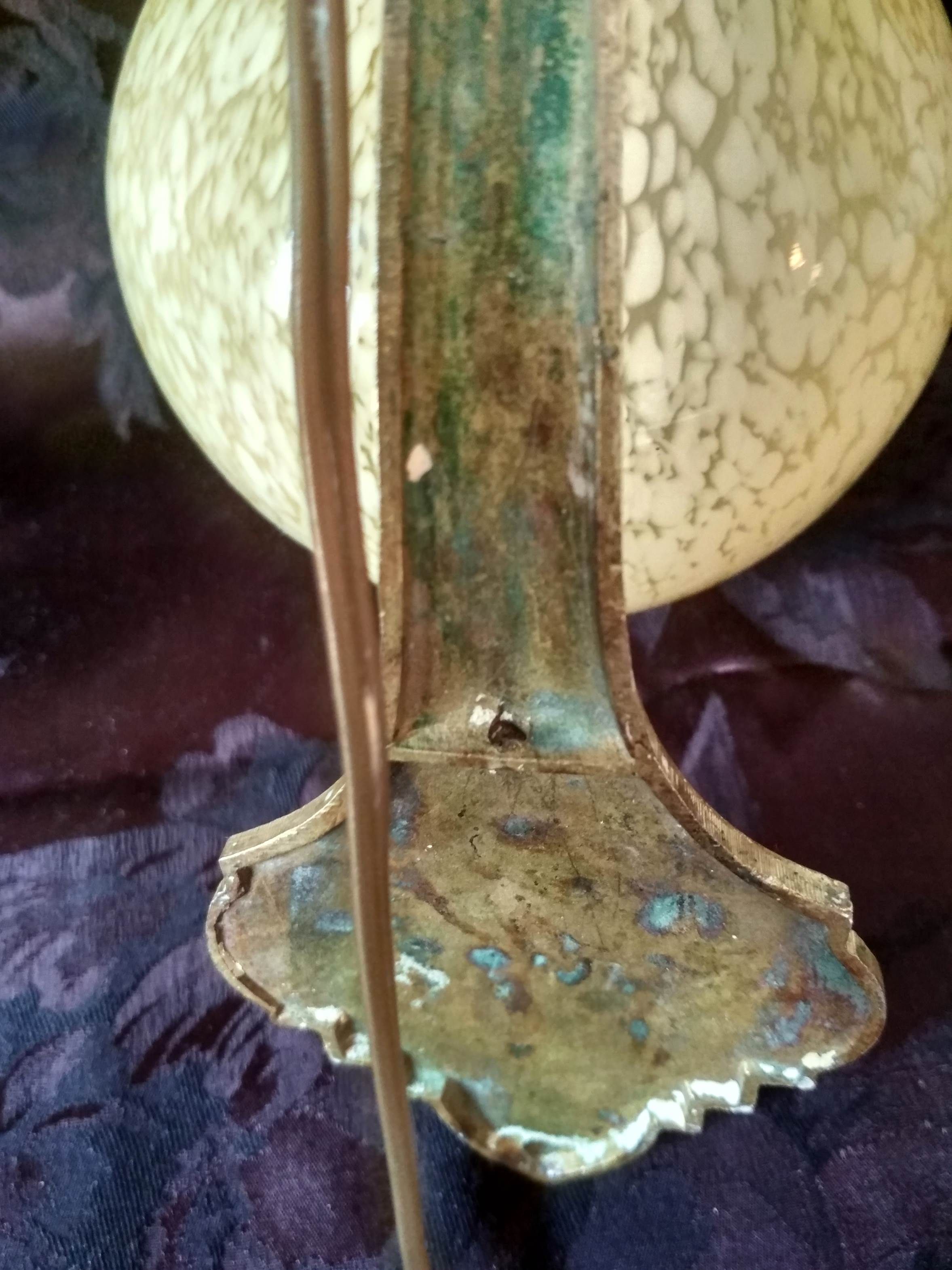 Art deco sconce, golden brass and yellow speckled Clichy glass globe