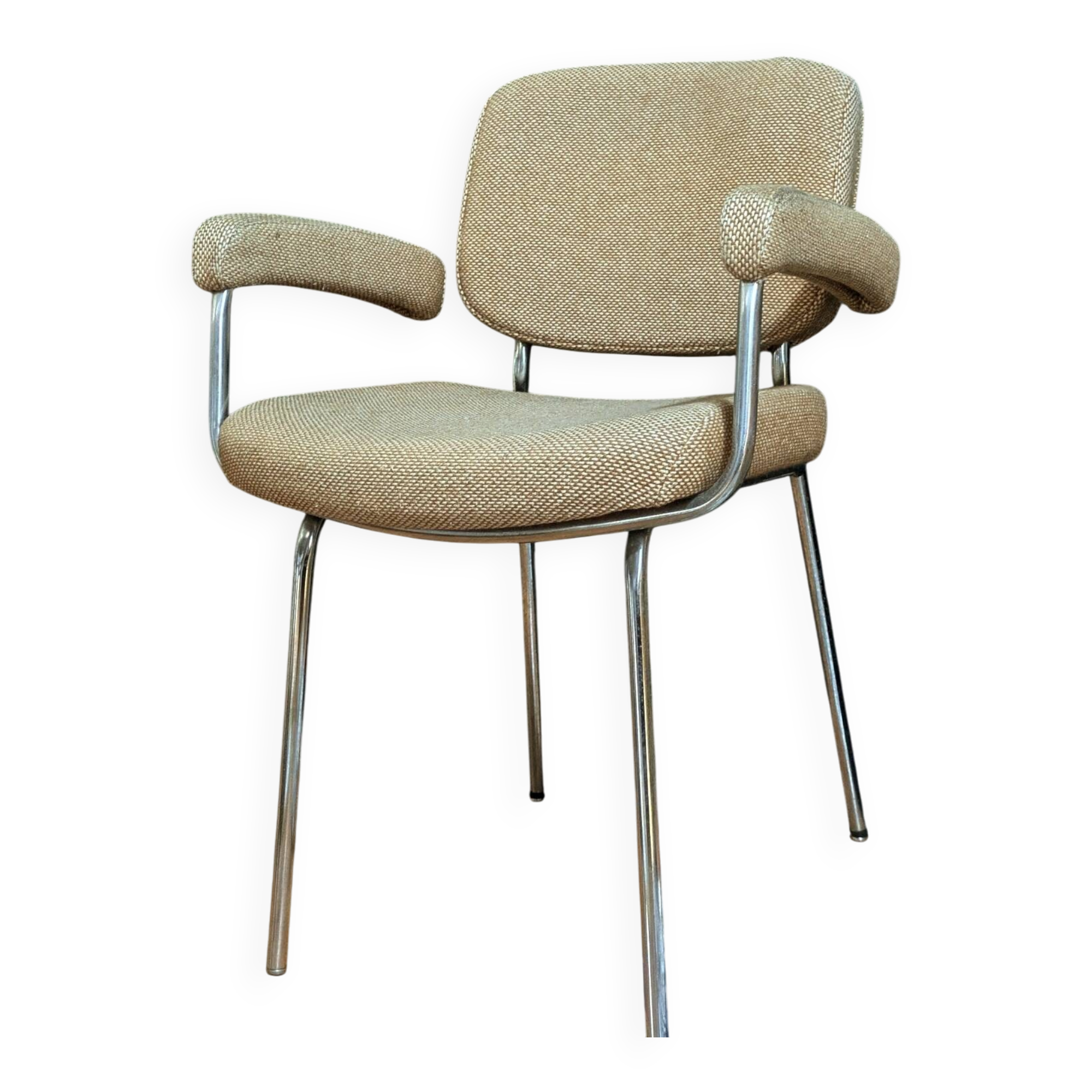 vintage tubular metal chrome office chair with patterned fabric.