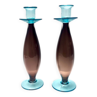 Postmodern Pair of Brown and Aquamarine Murano Glass Candleholders, Italy