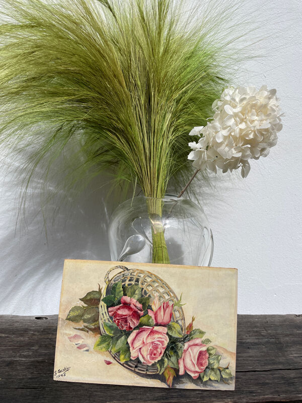 Tableau panier de roses, bouquet, 1945 signé