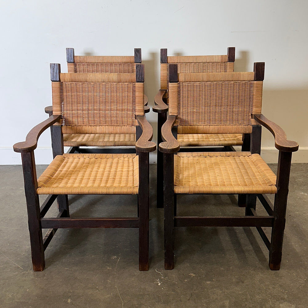 Pair of custom made oak and rattan armchairs, France, 1940s