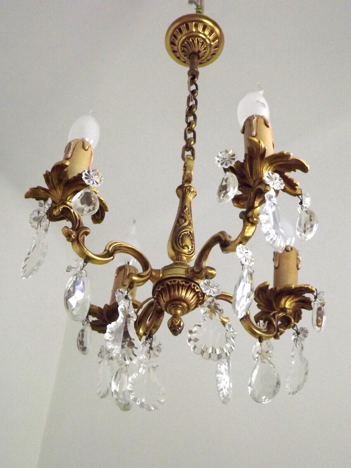 Vintage french brass 4 light chandelier assorted faceted crystal 4007