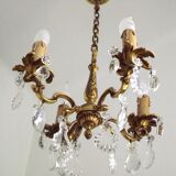 Vintage french brass 4 light chandelier assorted faceted crystal 4007
