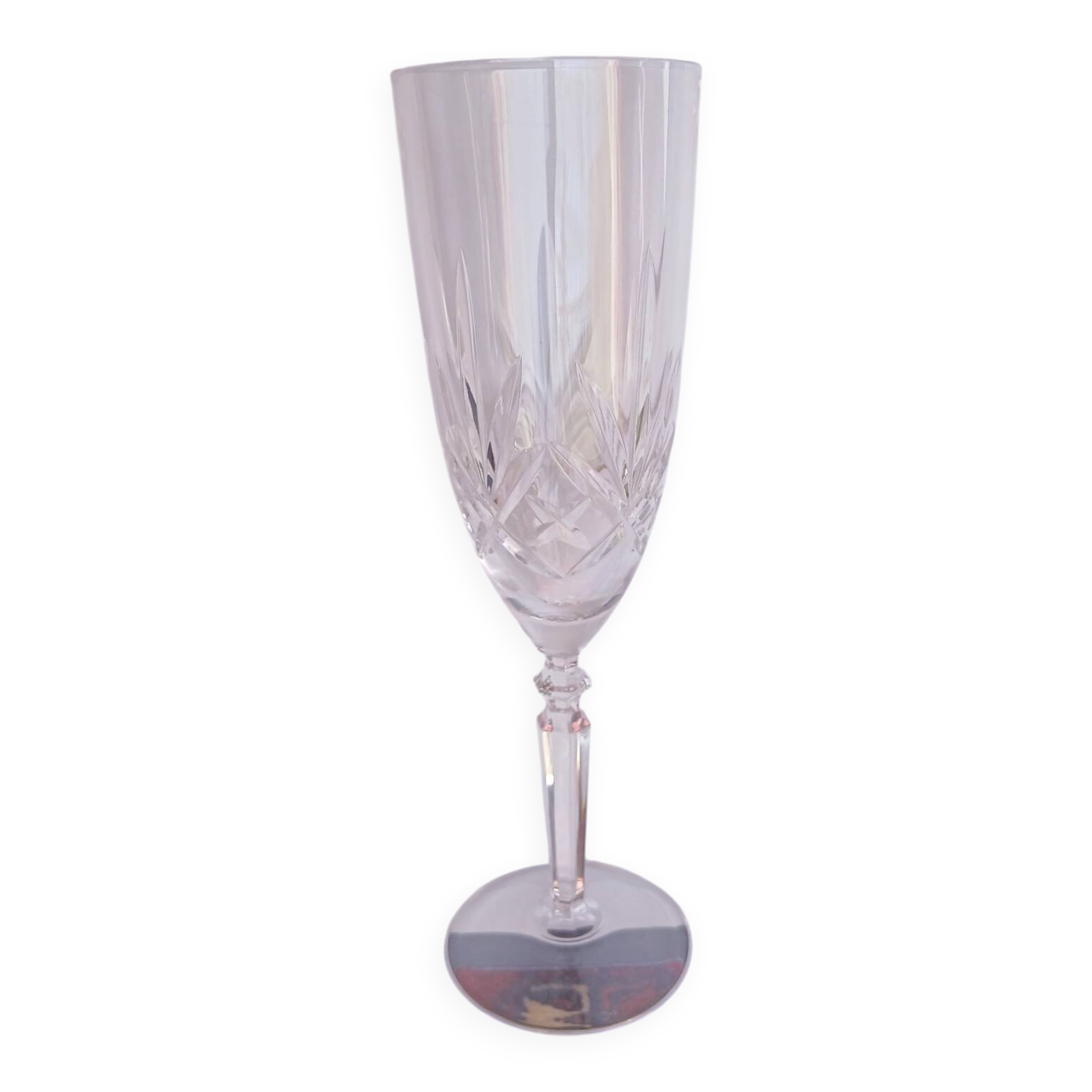 6 crystal champagne flutes from Lorraine Walsheid in their case.