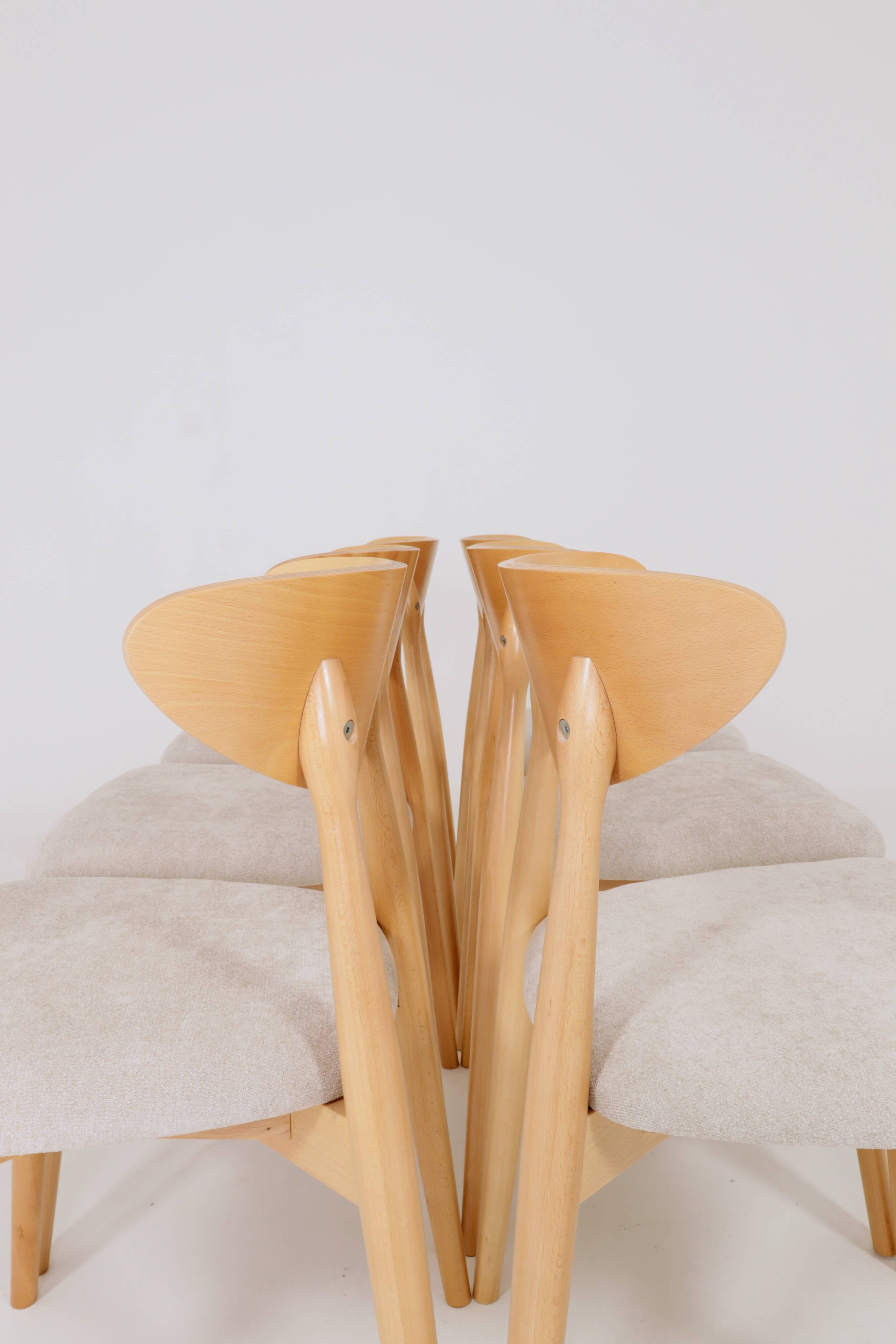 Ensemble moderne de 6 chaises de salle à manger, tissu écru et bois de hêtre naturel