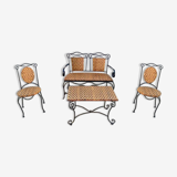 Set of vintage garden furniture sofa wrought iron and wicker, chairs & coffee table vintage 1980
