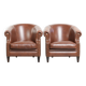 Set of 2 cognac-coloured cow leather club armchairs in English style
