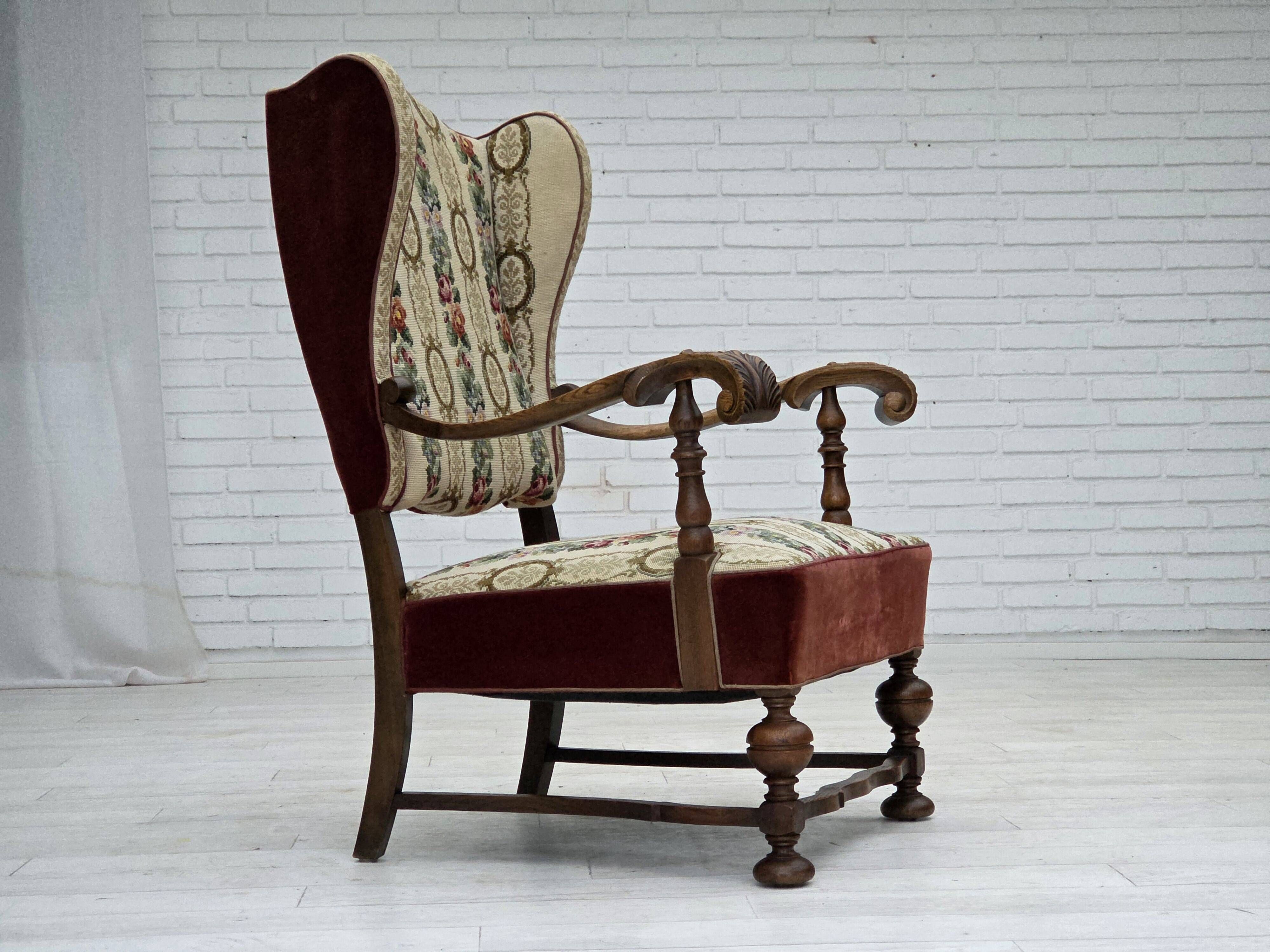 1950s, Danish wingback armchair, wool fabric, red furniture velour.